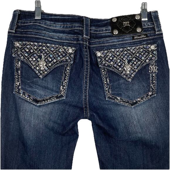 Miss Me Jeans Size 31x34 Tall Bootcut Stretch SEQUIN Rhinestone Flap Pockets - Picture 1 of 15